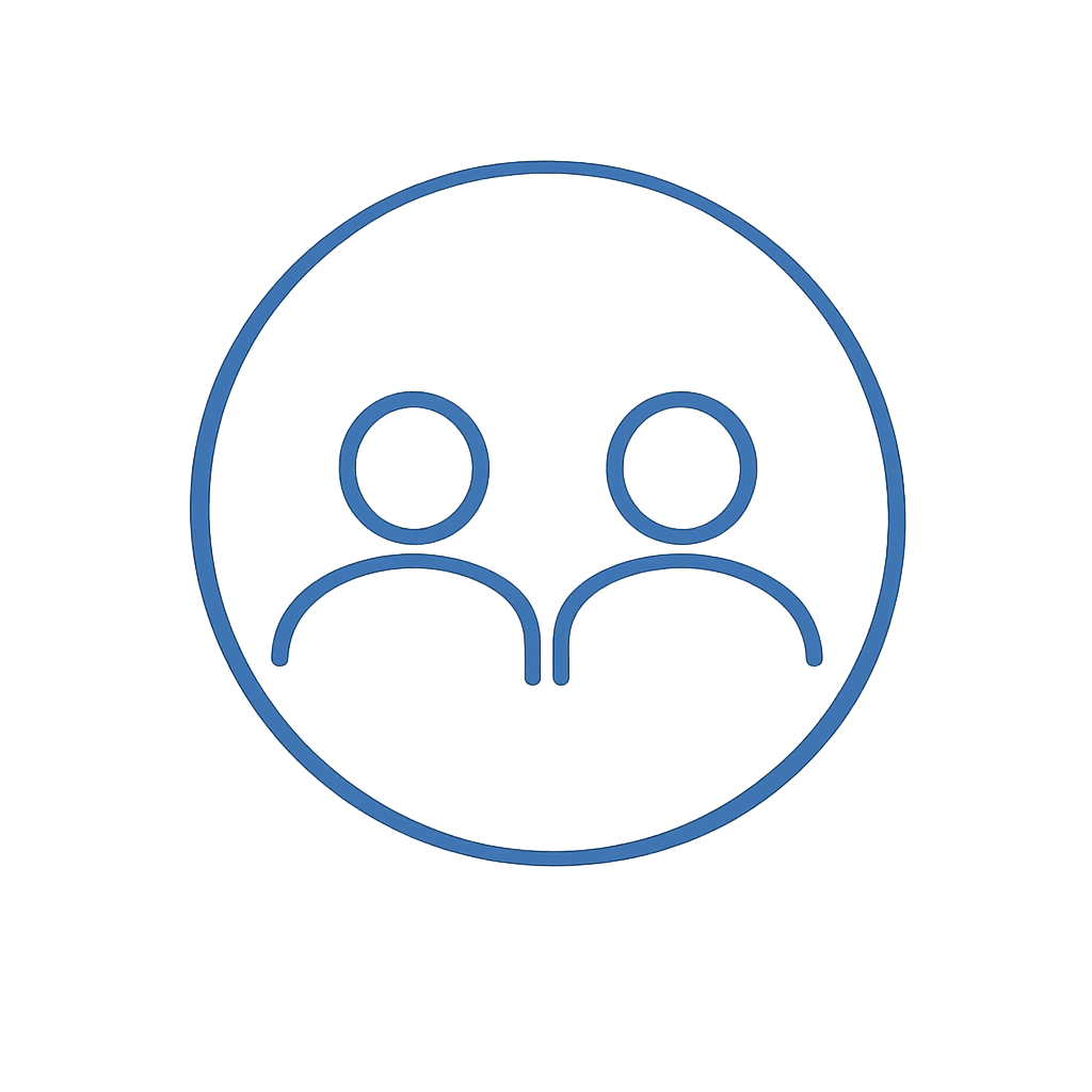 Blue glowing icon of two people within a circle, representing social or user profile concept.