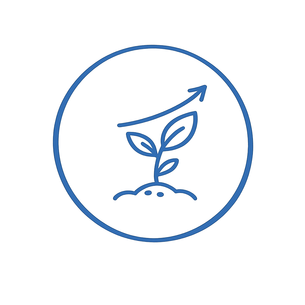 Line drawing of a sprouting plant with three leaves inside a circle, with an upward arrow indicating growth.