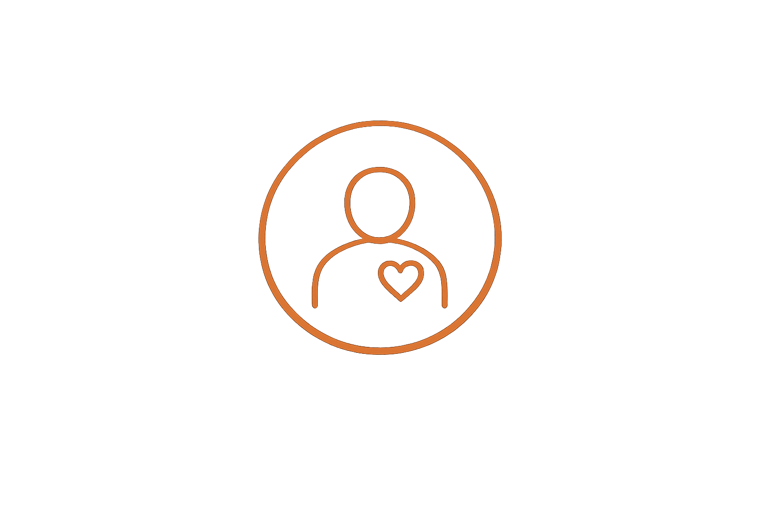 Outline of a person's user icon with a heart symbol on the chest, inside an orange circle, against a black background.