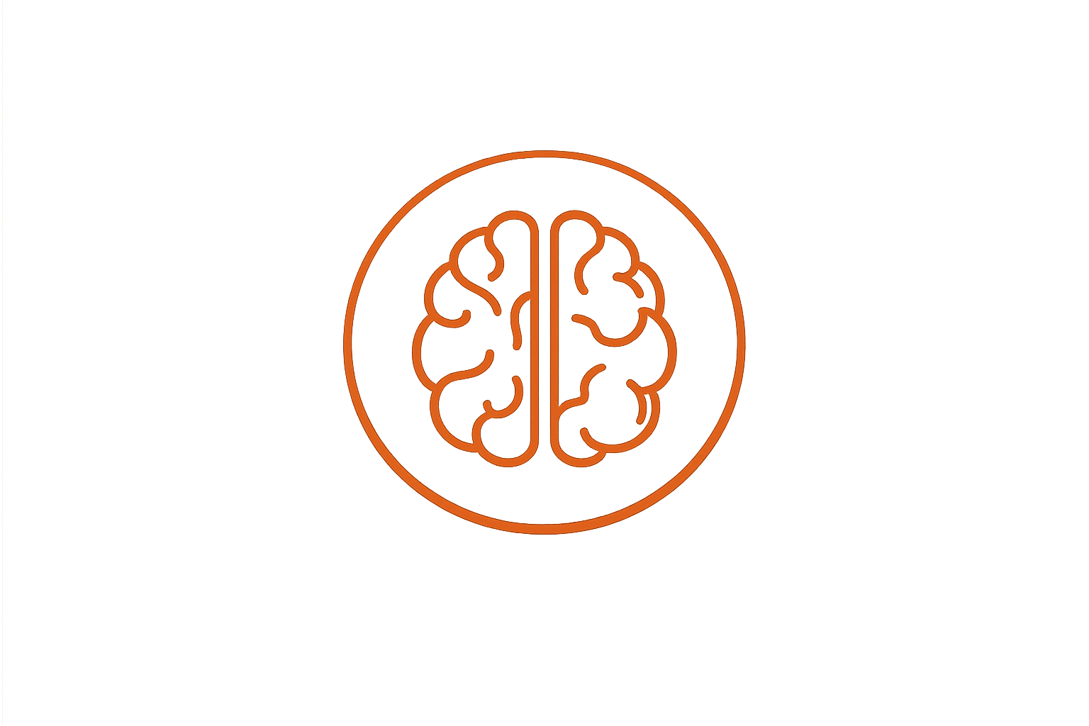 A digital illustration of a human brain outlined in orange with a surrounding circle, set against a black background.