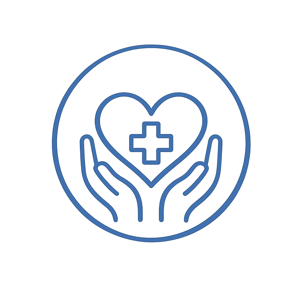 Outline icon of two hands holding a heart with a medical cross inside the heart, symbolizing healthcare or medical aid.