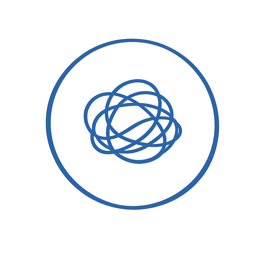 A blue outline of a tangled ball inside a larger circle, resembling a ball of yarn or string, on a black background.