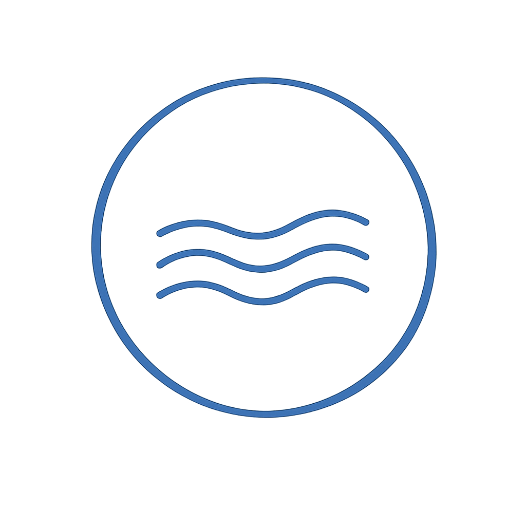 Icon of three horizontal wavy lines representing water waves, enclosed in a circular border.