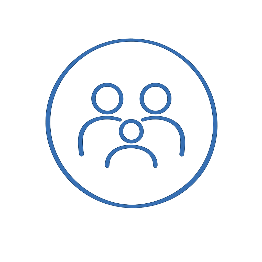 Generic icon of a person surrounded by a circle, with two figures representing people and one figure at the bottom, suggesting a group or community.