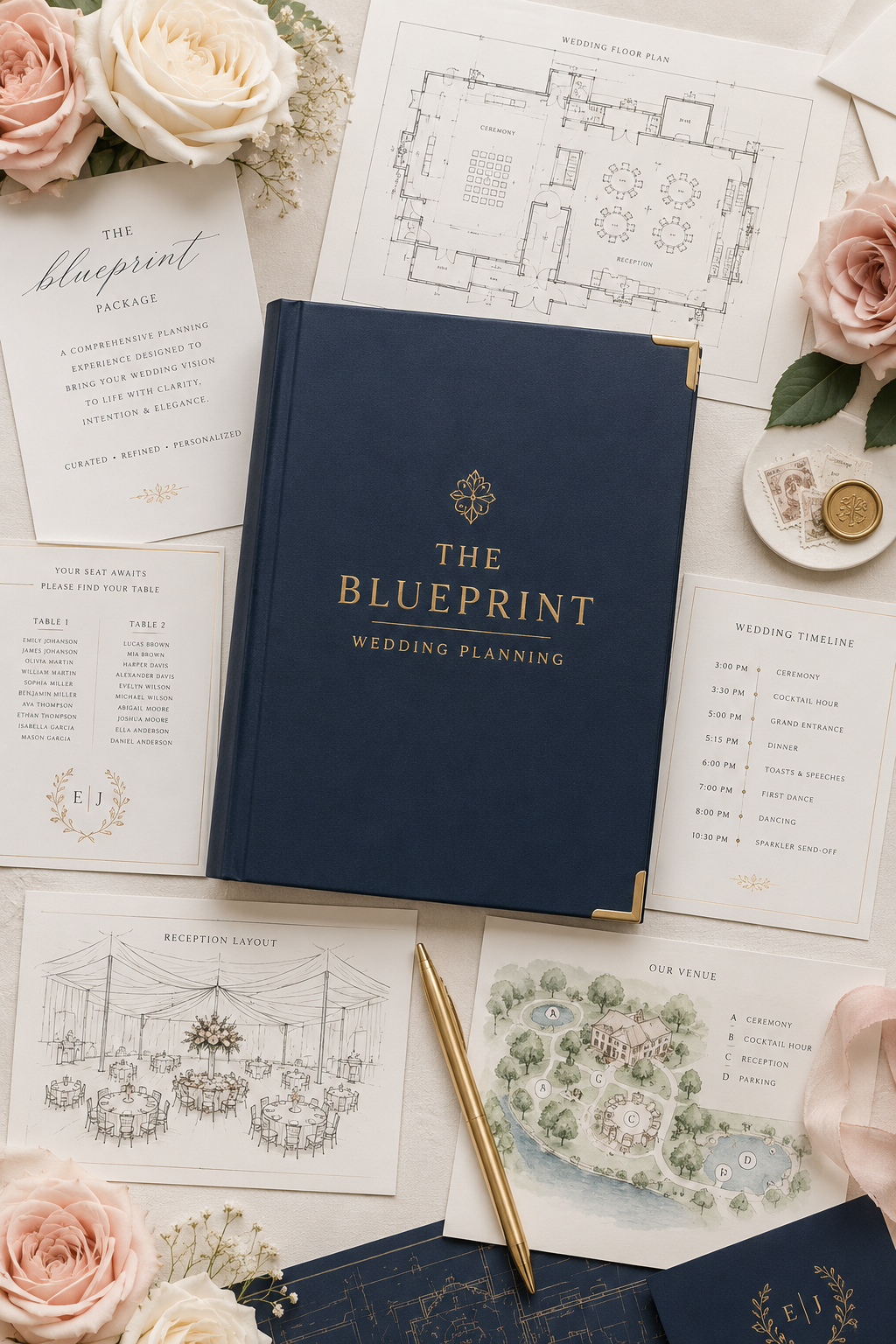 Wedding planning materials including a blue hardcover book titled 'The Blueprint Wedding Planning,' a wedding floor plan, a reception layout sketch, a wedding timeline, a seating chart, and an venue map surrounded by flowers, a gold pen, and decorative elements.