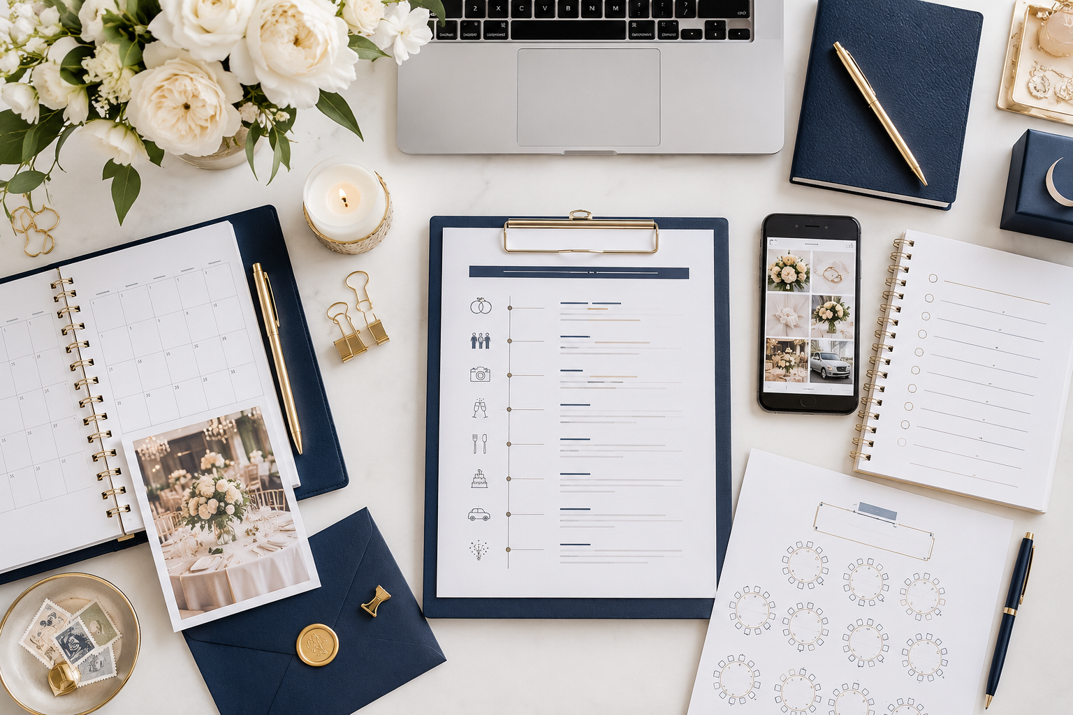 Flat lay of a workspace with planning materials, a laptop, a smartphone displaying wedding photos, flowers, candles, and stationery, all arranged on a white surface.