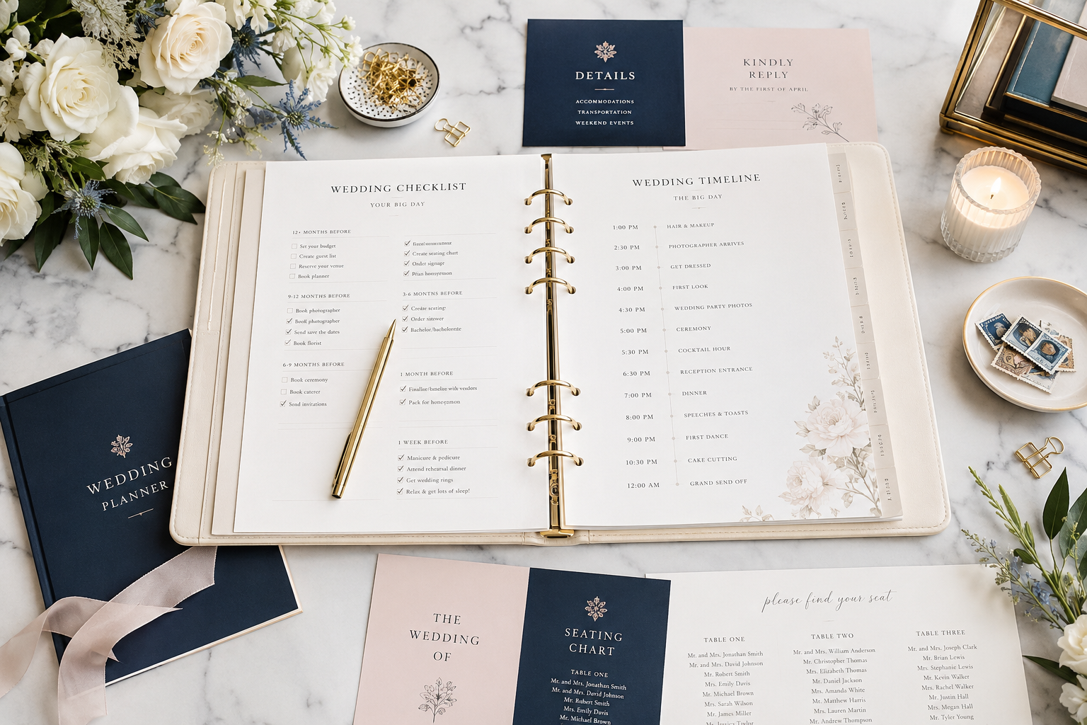 Open wedding planner notebook with wedding checklist and timeline, surrounded by flowers, stamps, and stationery on marble surface.