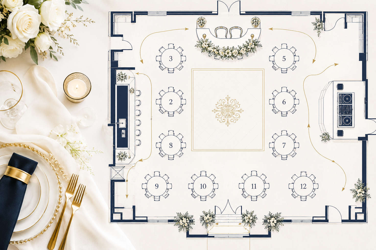 Floor plan of a wedding reception area with numbered tables, stage, bar, and dance floor, decorated with flowers and elegant details.