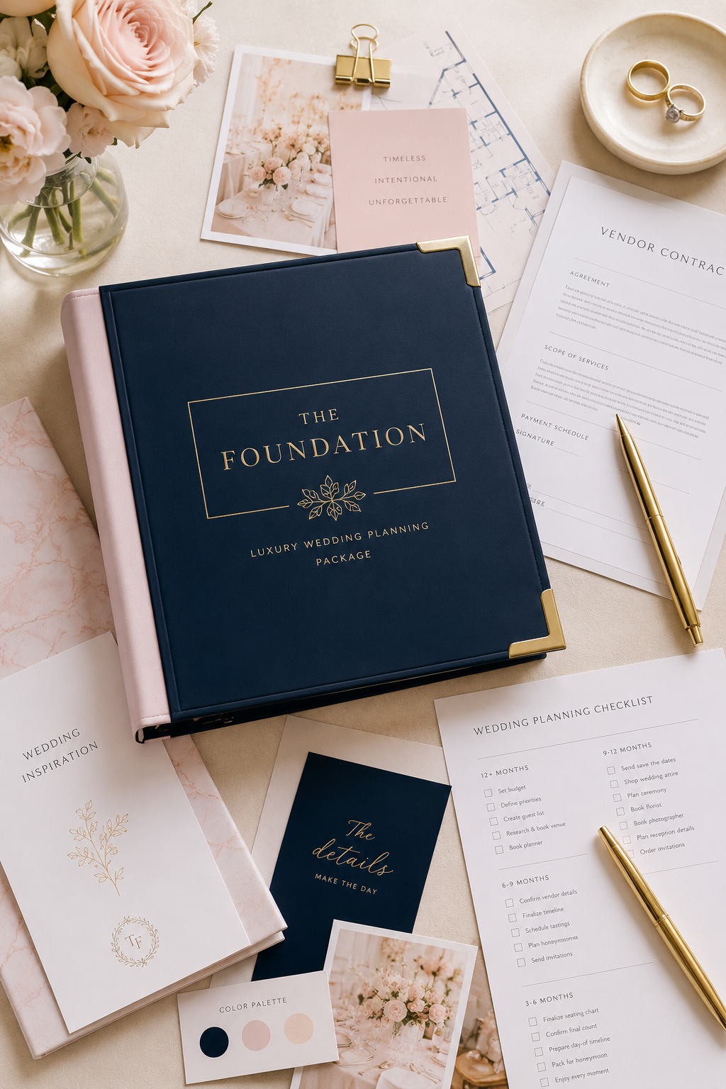 A wedding planning desk with a navy blue binder labeled "The Foundation," wedding contracts, inspiration card, color palette, rings in a dish, floral photo, and various planning documents and pens.