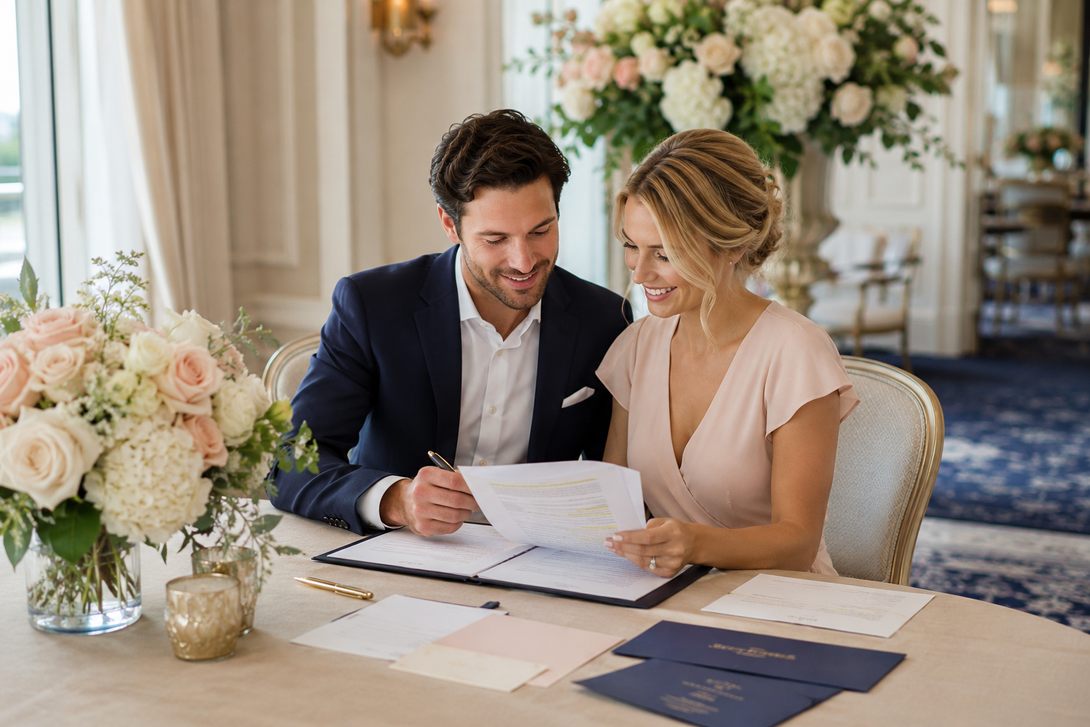 A smiling man and woman sit at a table, reviewing documents and signing papers with a pen, surrounded by floral arrangements, in an elegant, well-lit room.