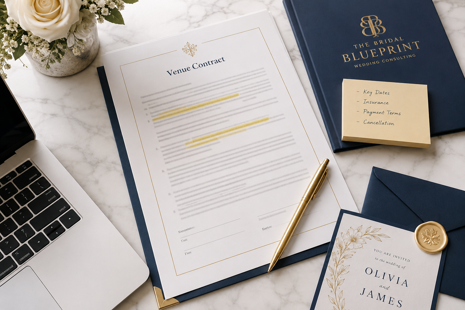 Wedding planning workspace with a laptop, a venue contract, a wedding consultation book titled "The Bridal Blueprint," a wedding invitation for Olivia and James, a sticky note with key wedding details, and a bouquet of flowers in the background.