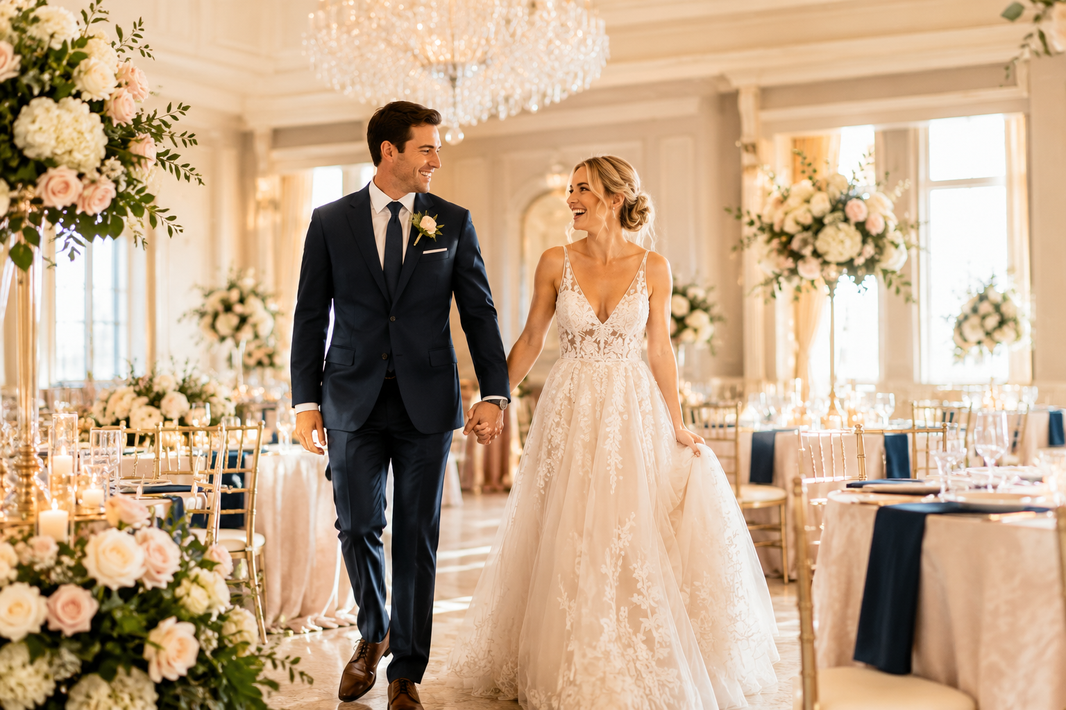 A bride and groom walking hand in hand through a decorated wedding reception hall. The hall has elegant floral arrangements and candles, with sunlight streaming through large windows.
