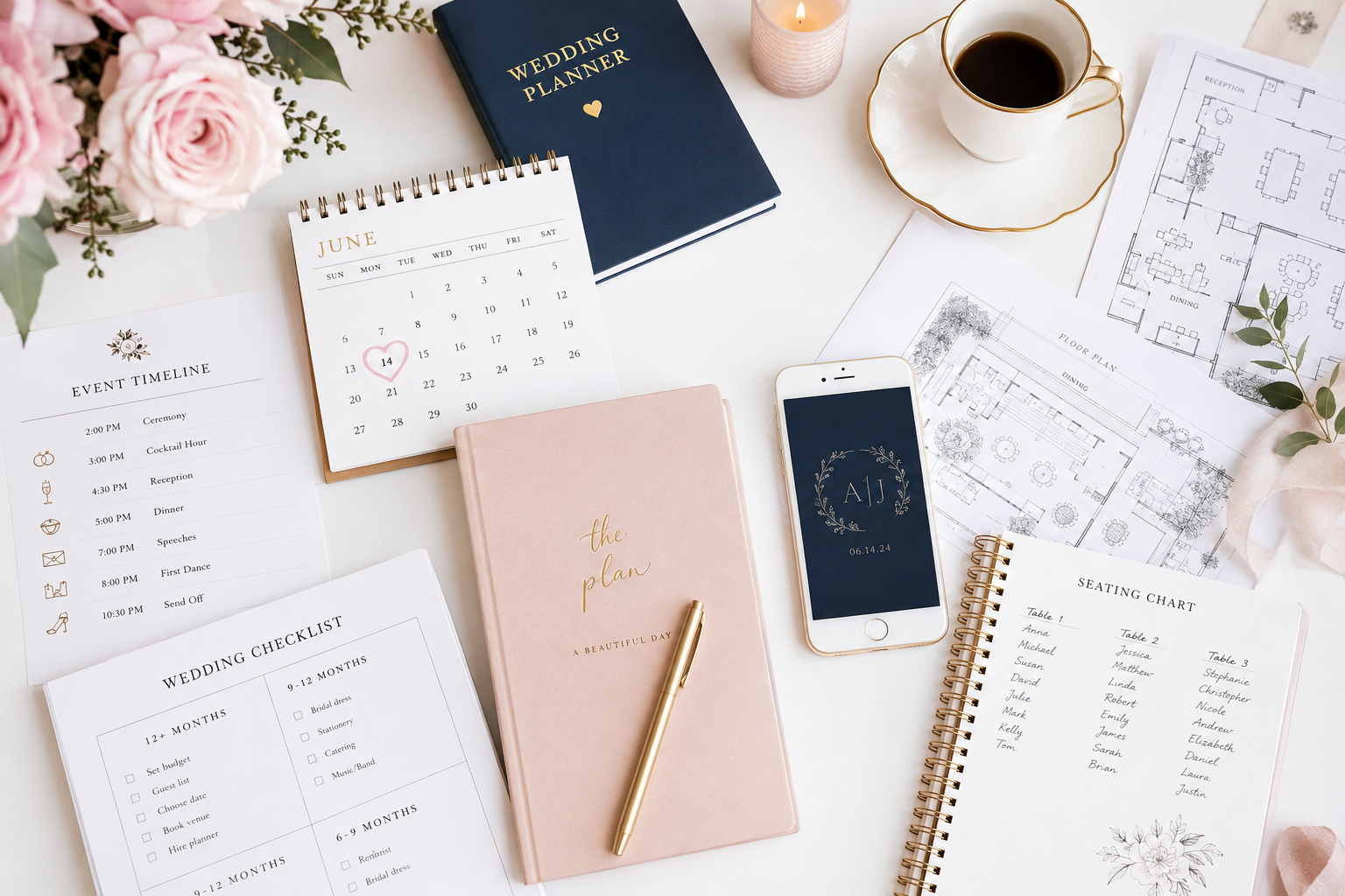 Wedding planning setup with a wedding planner book, an event timeline, a wedding checklist, a seating chart, and floor plans. Also includes a pink planner labeled "the plan," a smartphone, a coffee cup, a lit candle, some flowers, and greenery on a white surface.