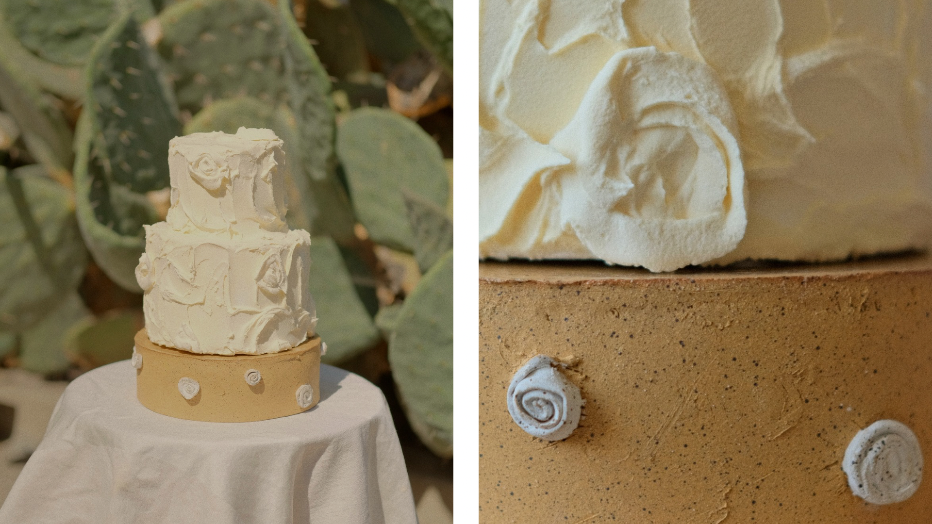A white textured sculpture of a human face, placed on a tan circular base with decorative swirl patterns, on top of a white draped pedestal, with green cacti in the background. The right side shows a close-up of a cream-colored, textured sculpture with a swirl design near the bottom.