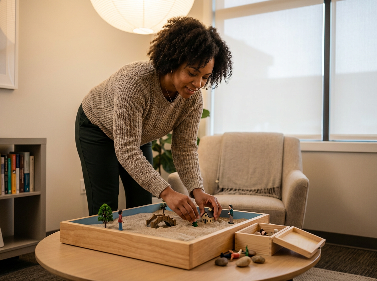 Woman playing with a miniature beach scene on a table, with small figurines, trees, rocks, and a small house.