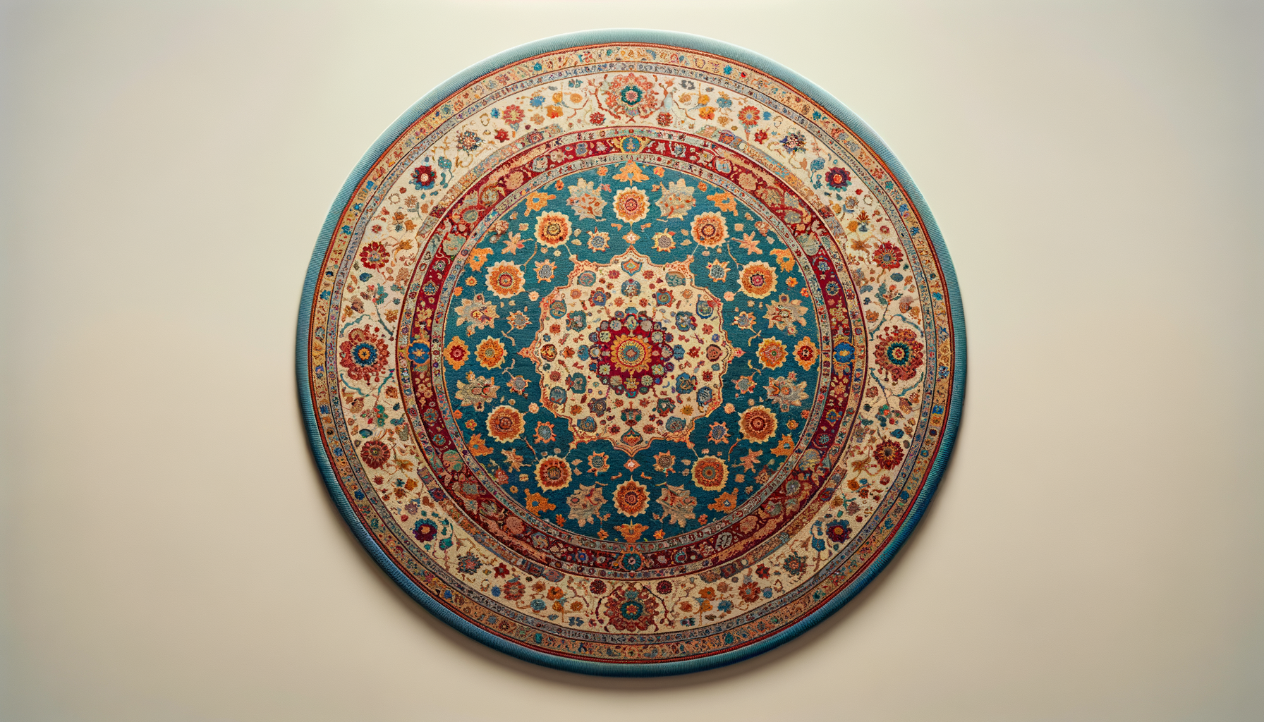 Top-down view of a round, intricately patterned Persian-style rug with a central floral motif in shades of cream, red, and blue, set against a light beige background.