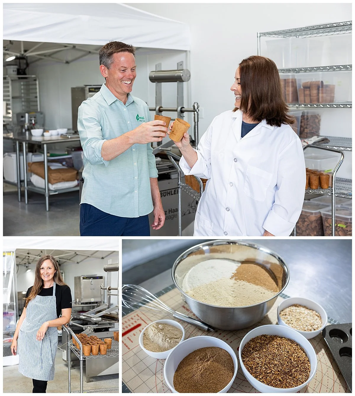 People in a commercial kitchen making and tasting food products, with bowls of different spices and ingredients.