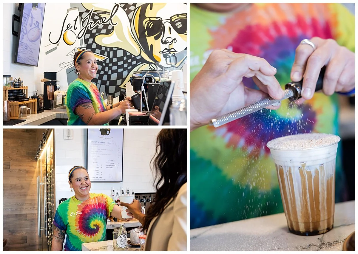 Collage of three photos showing a woman working at a cafe and making a rainbow coffee, with a close-up of her grating colorful sprinkles over the drink. The woman is wearing a bright tie-dye shirt and has tattoos on her arm.
