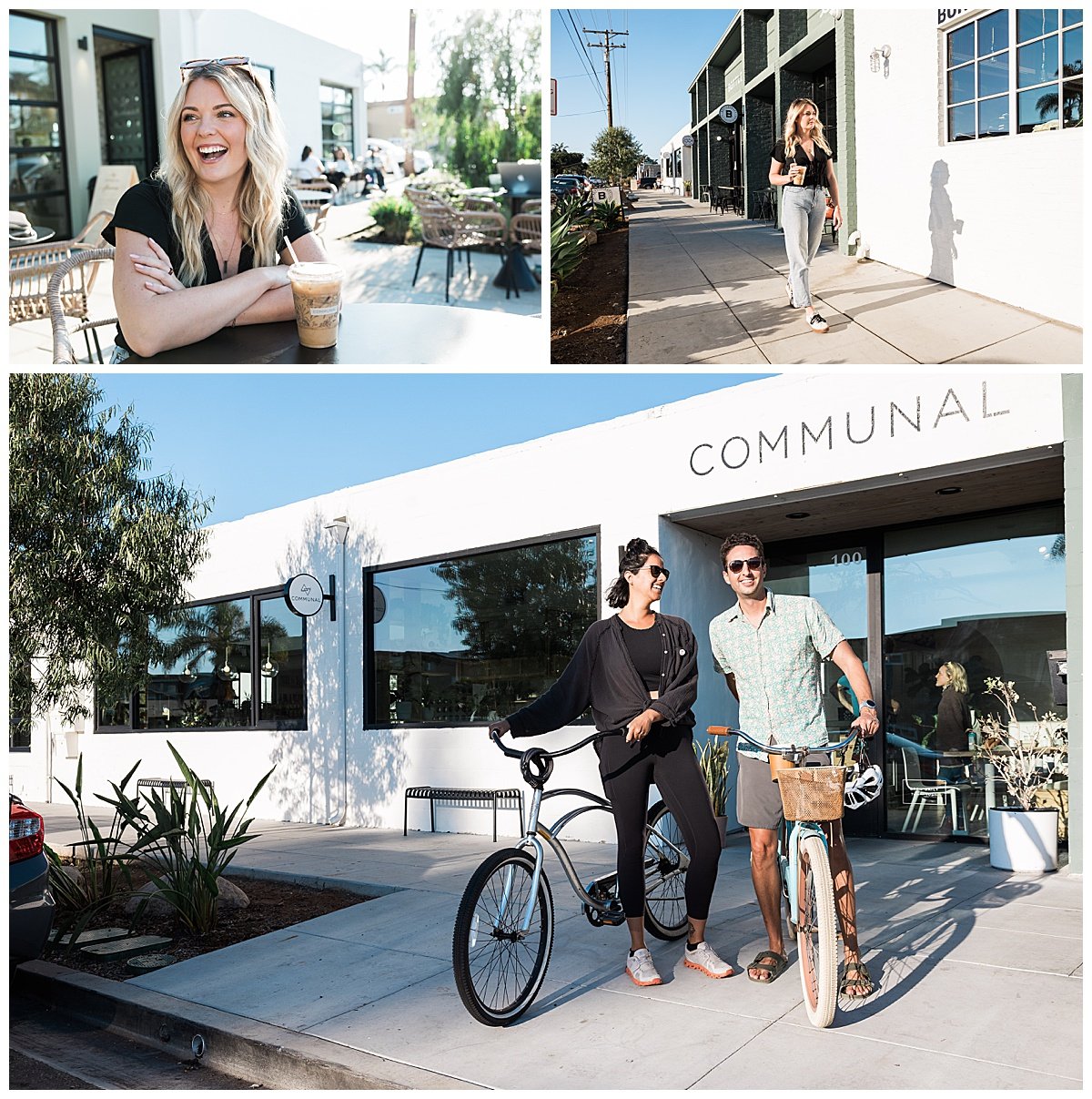 Three scenes: a woman smiling with a coffee at an outdoor cafe; a woman walking with a coffee cup on the sidewalk; two people with bicycles standing outside a modern storefront named 'Communal'.