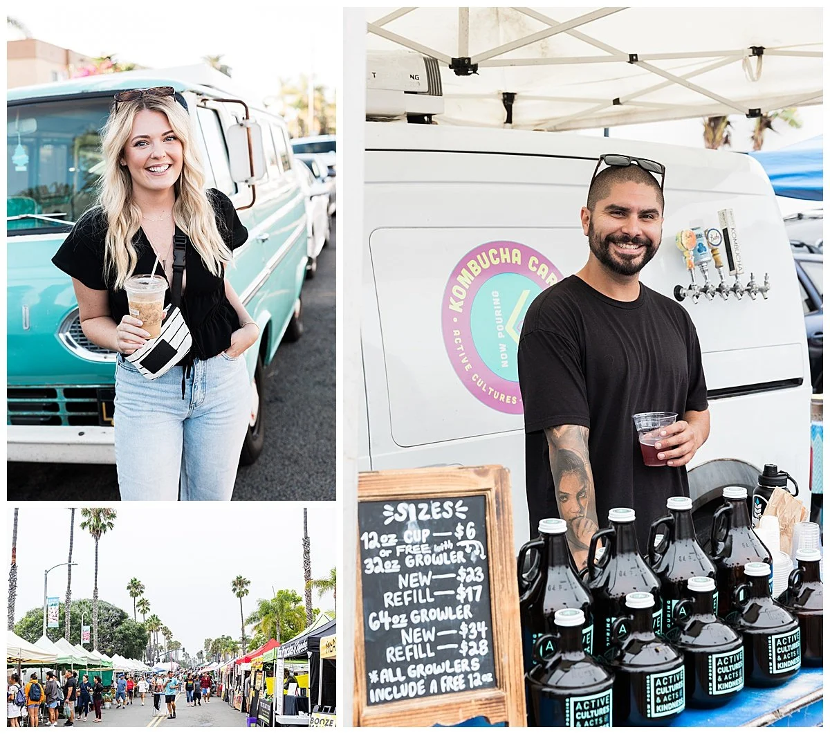 A woman holding an iced coffee in front of a vintage teal van, a man smiling at a kombucha stand with bottles and a menu, and an outdoor market with tents and people.