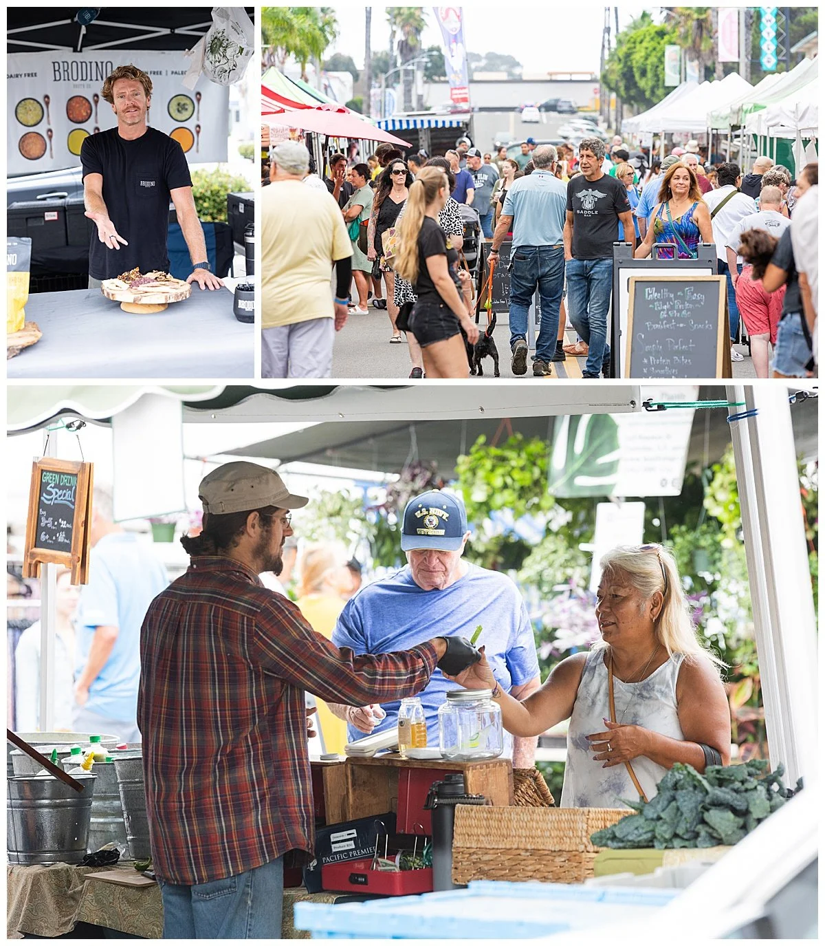 Scenes from a lively outdoor farmers market with multiple vendors, shoppers, and food stalls, including a person selling baked goods and a transaction at a produce stand.