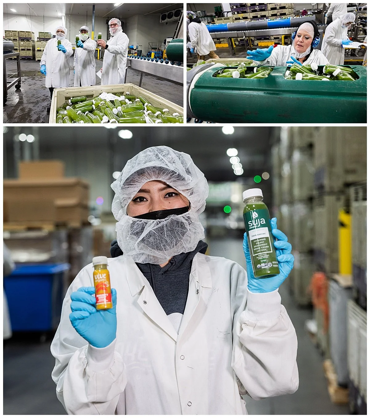 Workers in a food manufacturing facility handling bottles of health drinks and supplements.