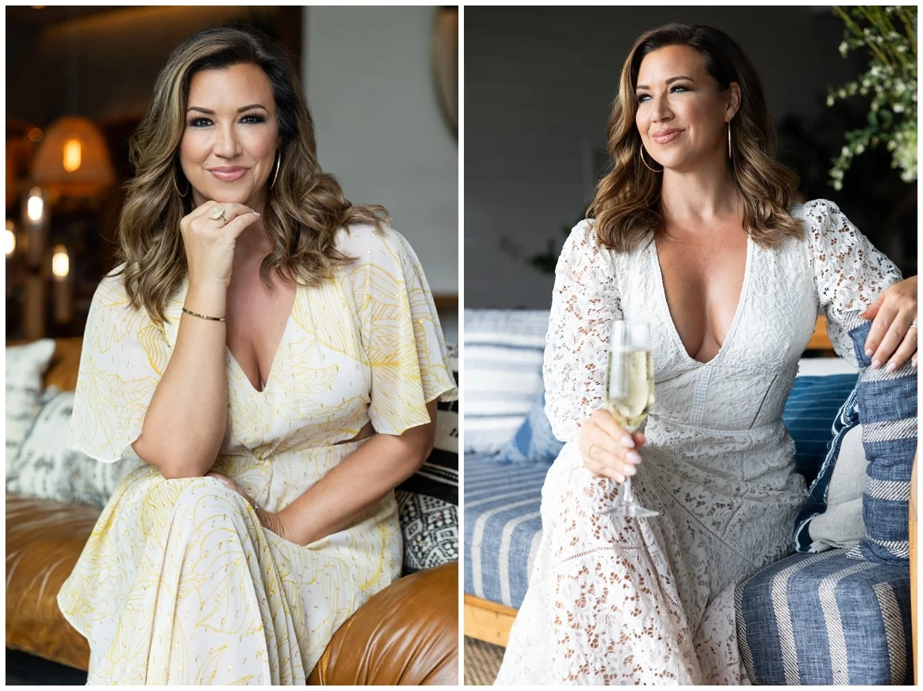 Side-by-side images of a woman with shoulder-length wavy brown hair, wearing a white lace dress and gold hoop earrings. In the left image, she is sitting on a leather couch indoors, smiling at the camera with her hand near her chin. In the right imag