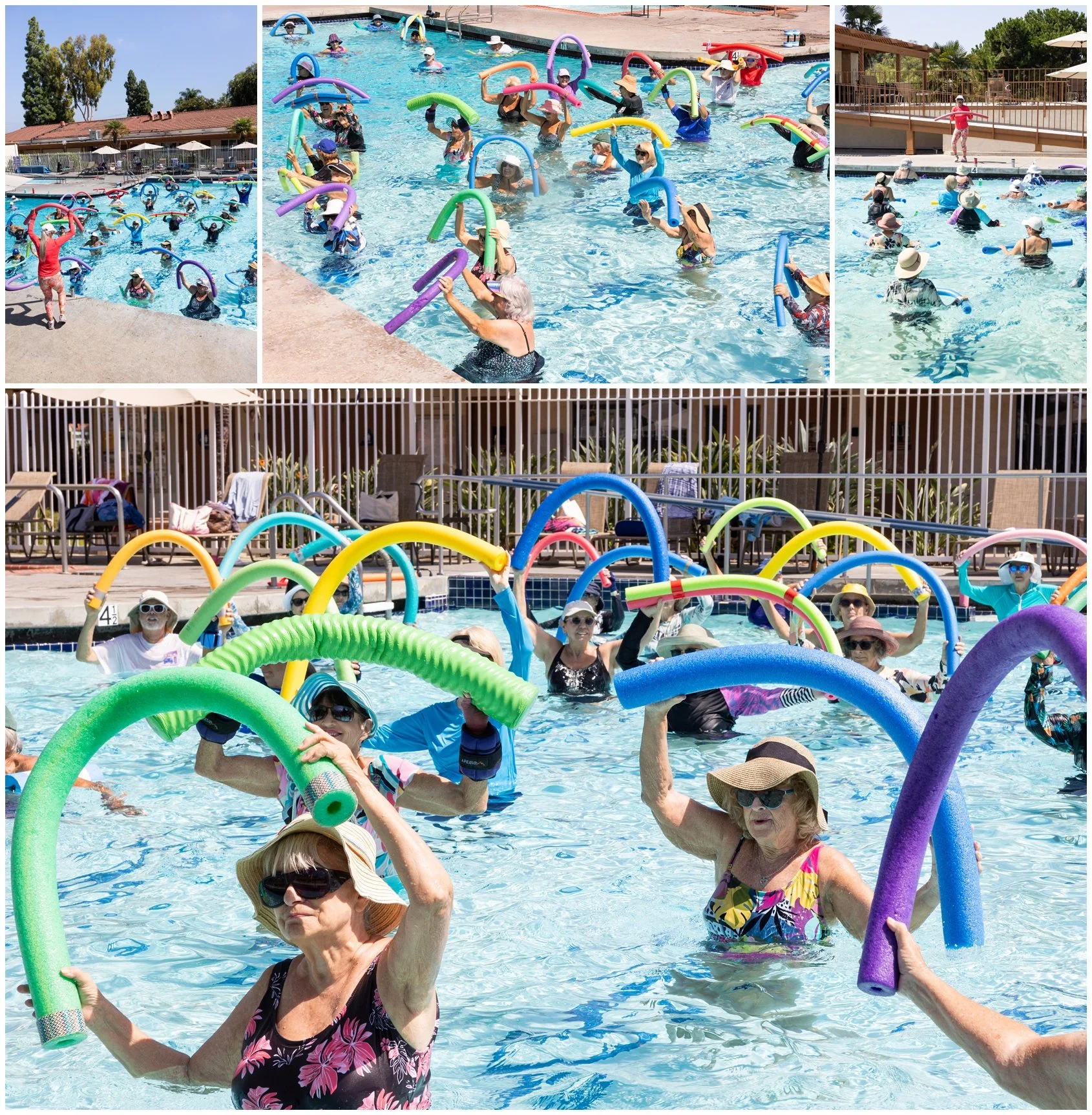 Elderly people participating in a water aerobics class at an outdoor swimming pool on a sunny day, using colorful pool noodles and wearing hats and sunglasses.