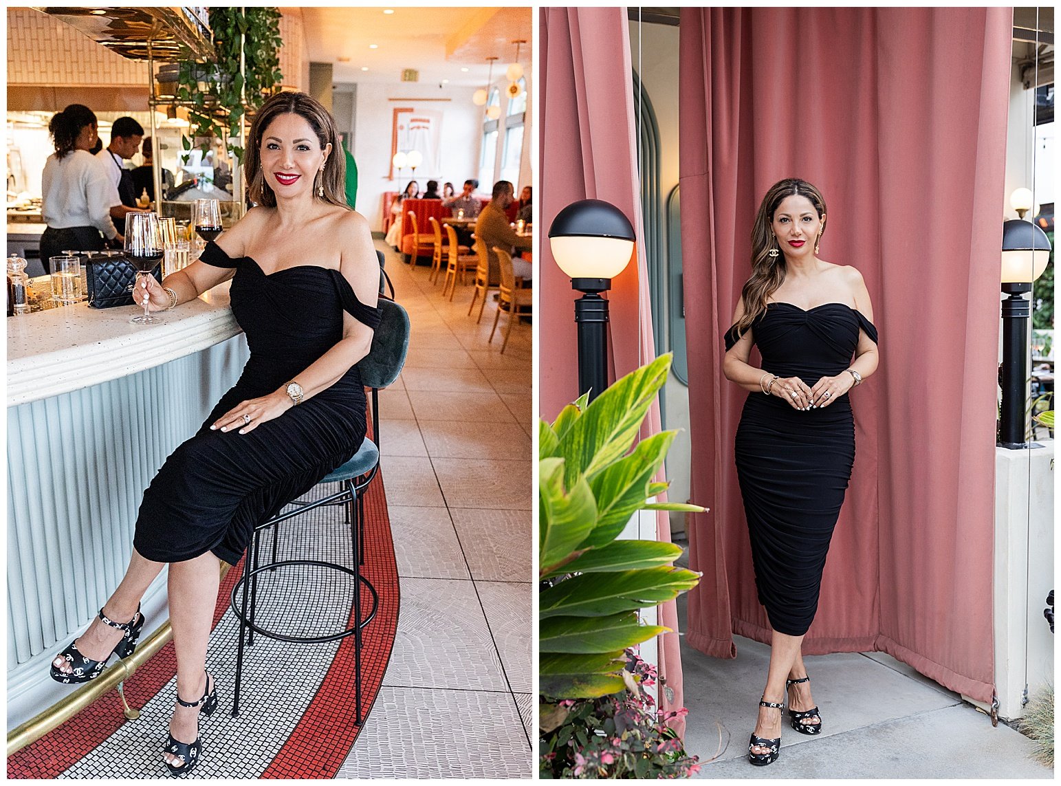 A woman in a black off-the-shoulder dress and high heels, posing inside a restaurant in the left image, and standing in front of pink curtains with greenery and lamps, wearing the same dress and heels, in the right image.