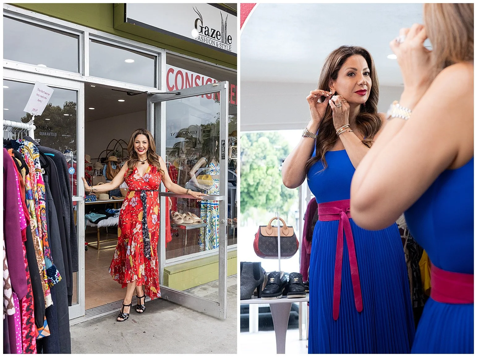 A woman in a red floral dress smiling at the entrance of a thrift store, and a woman in a blue dress putting on earrings inside the store.