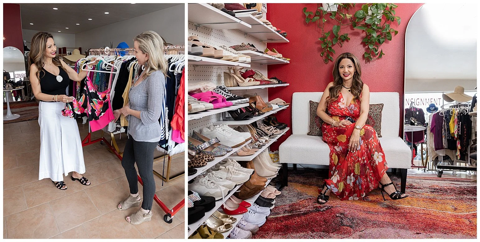 Two women shopping for clothes and shoes at a retail store. One woman is browsing through clothing racks, while the other woman, wearing a red floral dress, is seated on a white bench in a shoe display area.