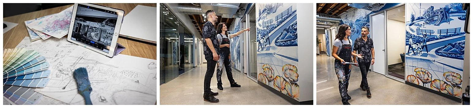 Three images showing the process of designing and creating a mural. The first image displays color swatches, sketches, and a tablet on a desk. The second image shows two people discussing a large mural on a wall in an office hallway, with one person 