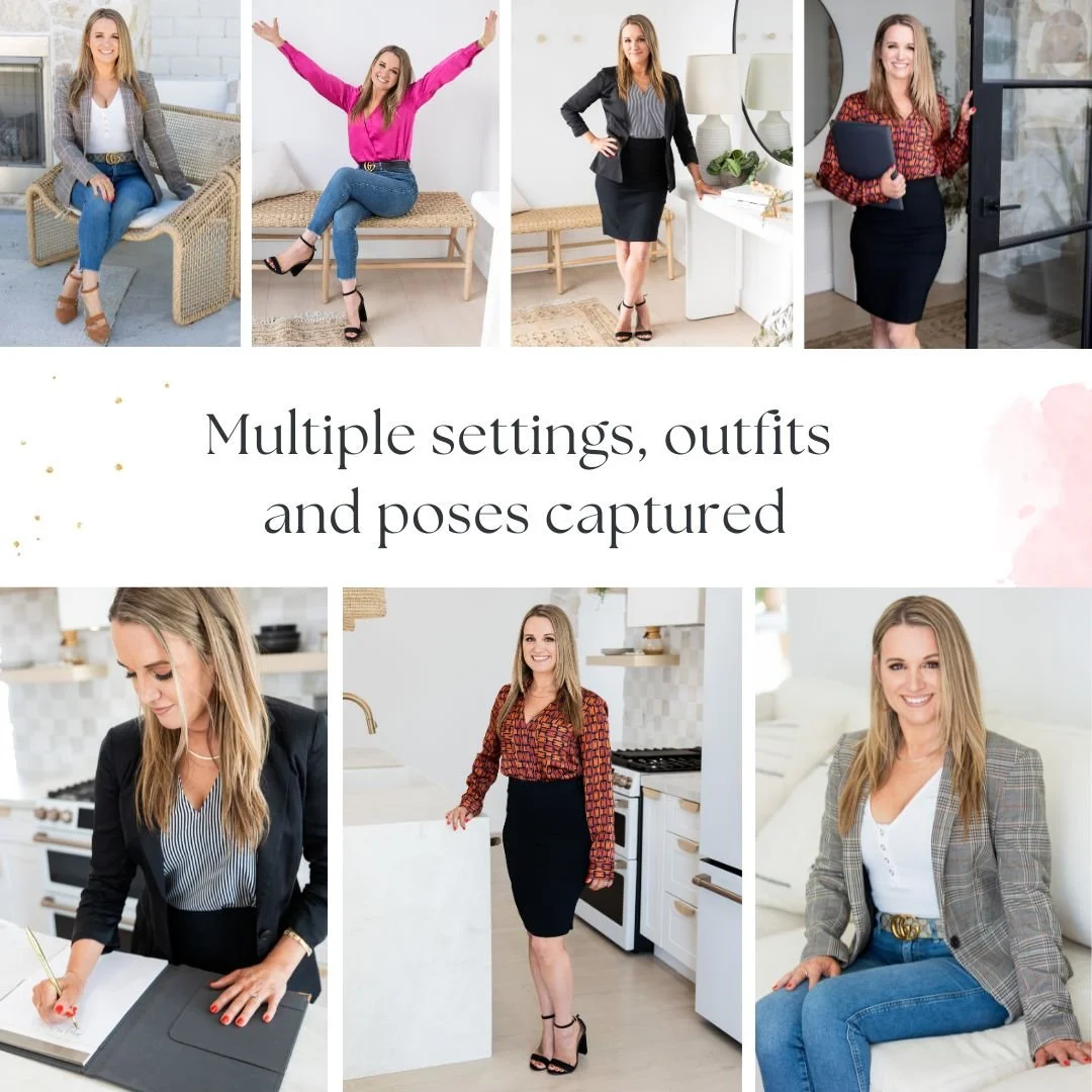 Collage of women in various settings wearing different outfits, with text in the center that says 'Multiple settings, outfits and poses captured'.