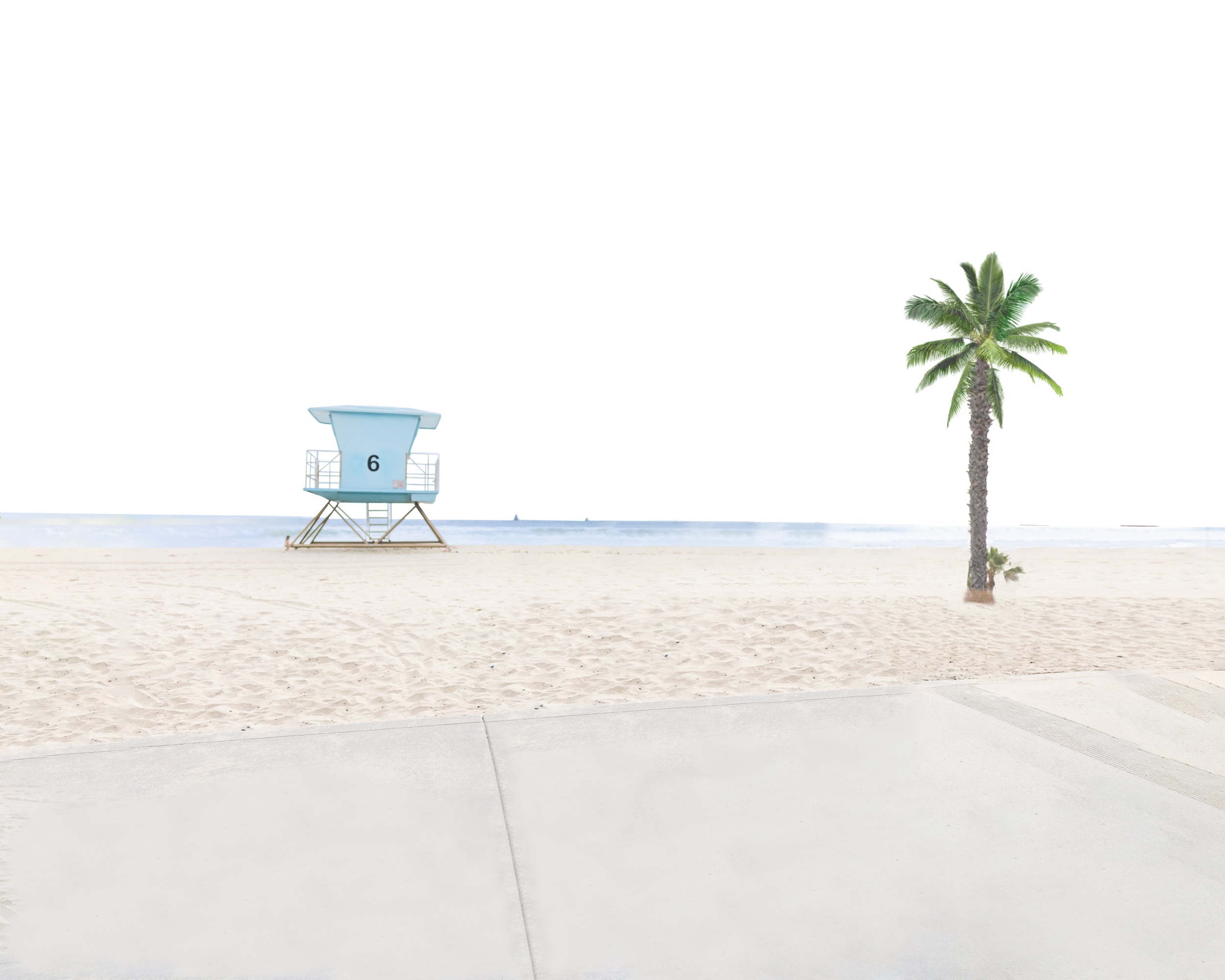Empty lifeguard chair on a sandy beach with a palm tree and ocean in the background.