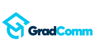 GradComm logo with stylized blue and black design and text