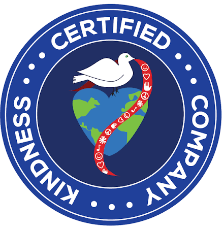 KINDNESS CERTIFIED COMPANY badge featuring a dove, the Earth, and a red ribbon with white symbols.