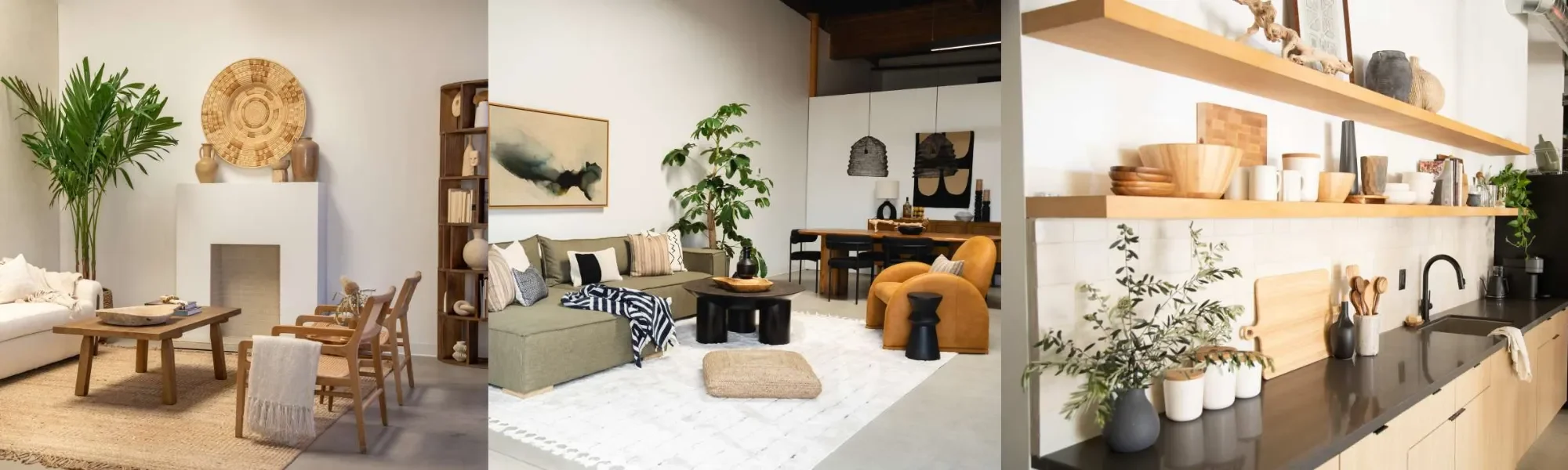 Three interior spaces featuring modern and cozy decor. The left room has a white sofa, wooden chairs, potted plants, and a fireplace. The middle space is a living room with a green sofa, black coffee table, large plant, and artwork, with dining area in the background. The right space shows a kitchen with open wooden shelves, bowls, vases, and a sink with a black faucet.