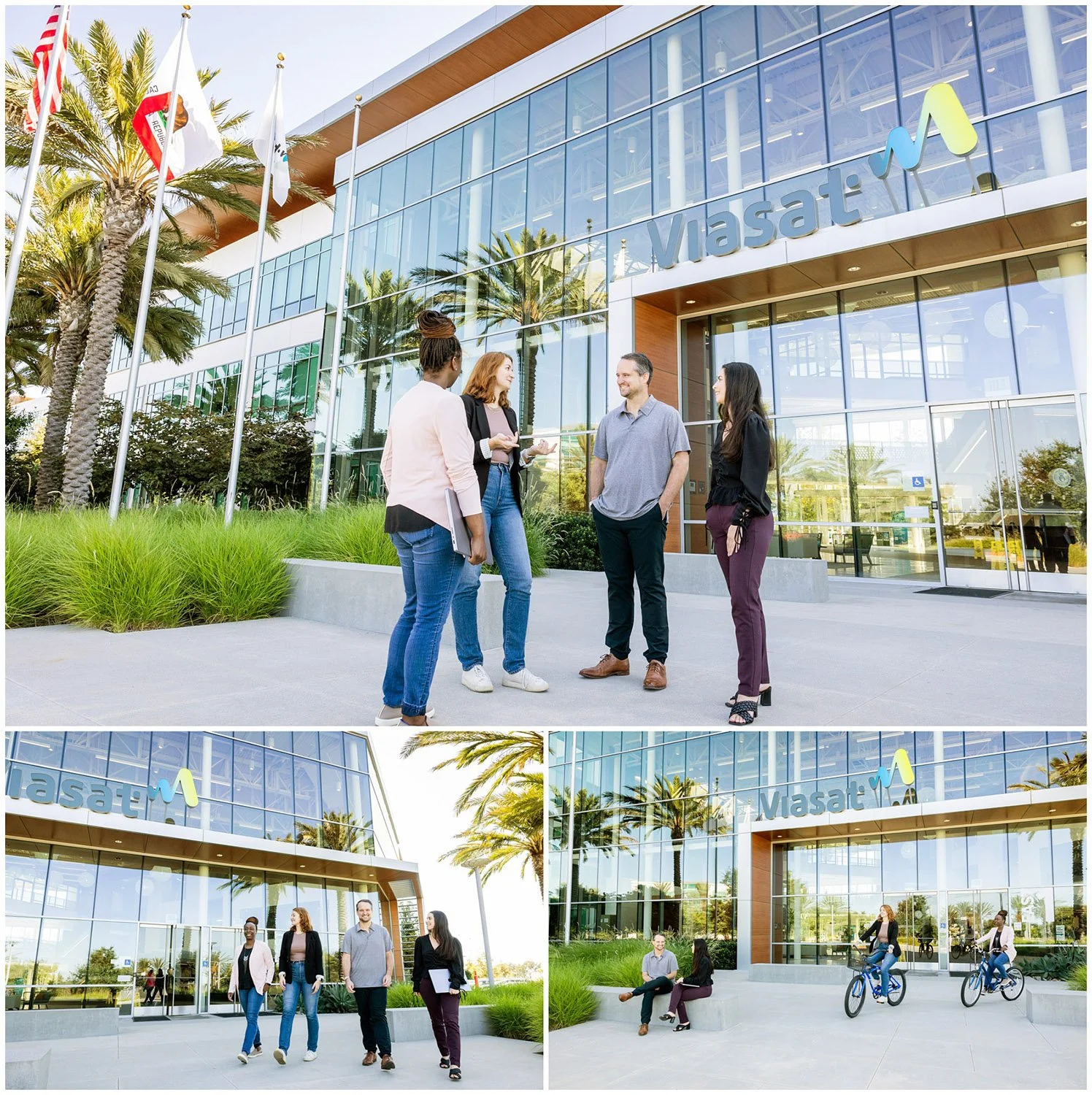 Group of young adults talking and socializing outside a modern office building with glass walls and palm trees