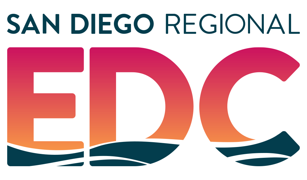 Logo for San Diego Regional Economic Development Corporation with stylized text and wave design.