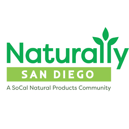 Logo for Naturally San Diego, a SoCal natural products community, with green text and a leaf motif.