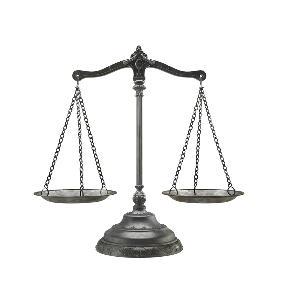A black, ornate balance scale with empty trays, against a gray and black background.
