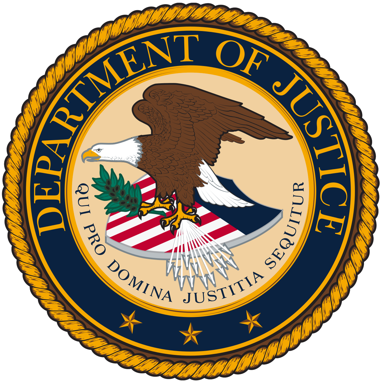 Seal of the Department of Justice, featuring a bald eagle holding a olive branch and arrows, with a shield in front, encircled by a rope border and gold stars, with the words "Department of Justice" and "Pro Domina Justitia Sequitur".