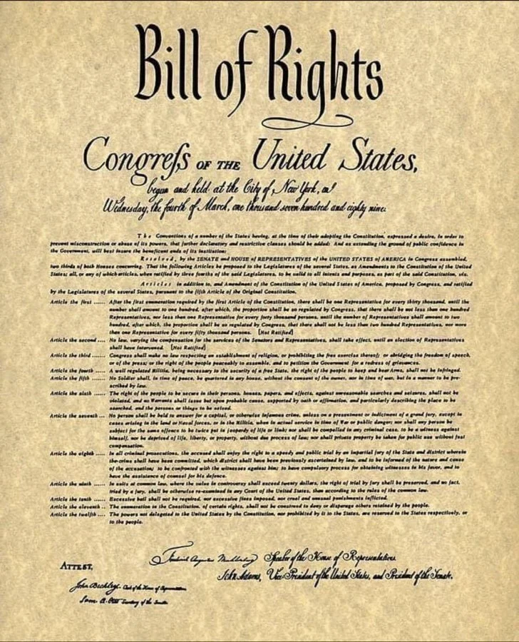 A historical document titled 'Bill of Rights' outlining the rights of the citizens of the United States, starting with the first amendment and including other amendments, signed by a judge.