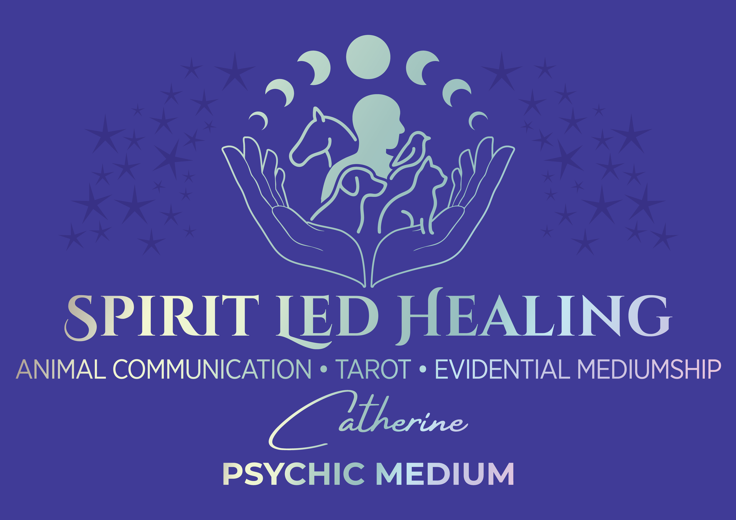 Logo for Spirited Healing, featuring a stylized human figure with a horse head silhouette, surrounded by crescent moons and stars, emphasizing animal communication, tarot, and evidential mediumship.