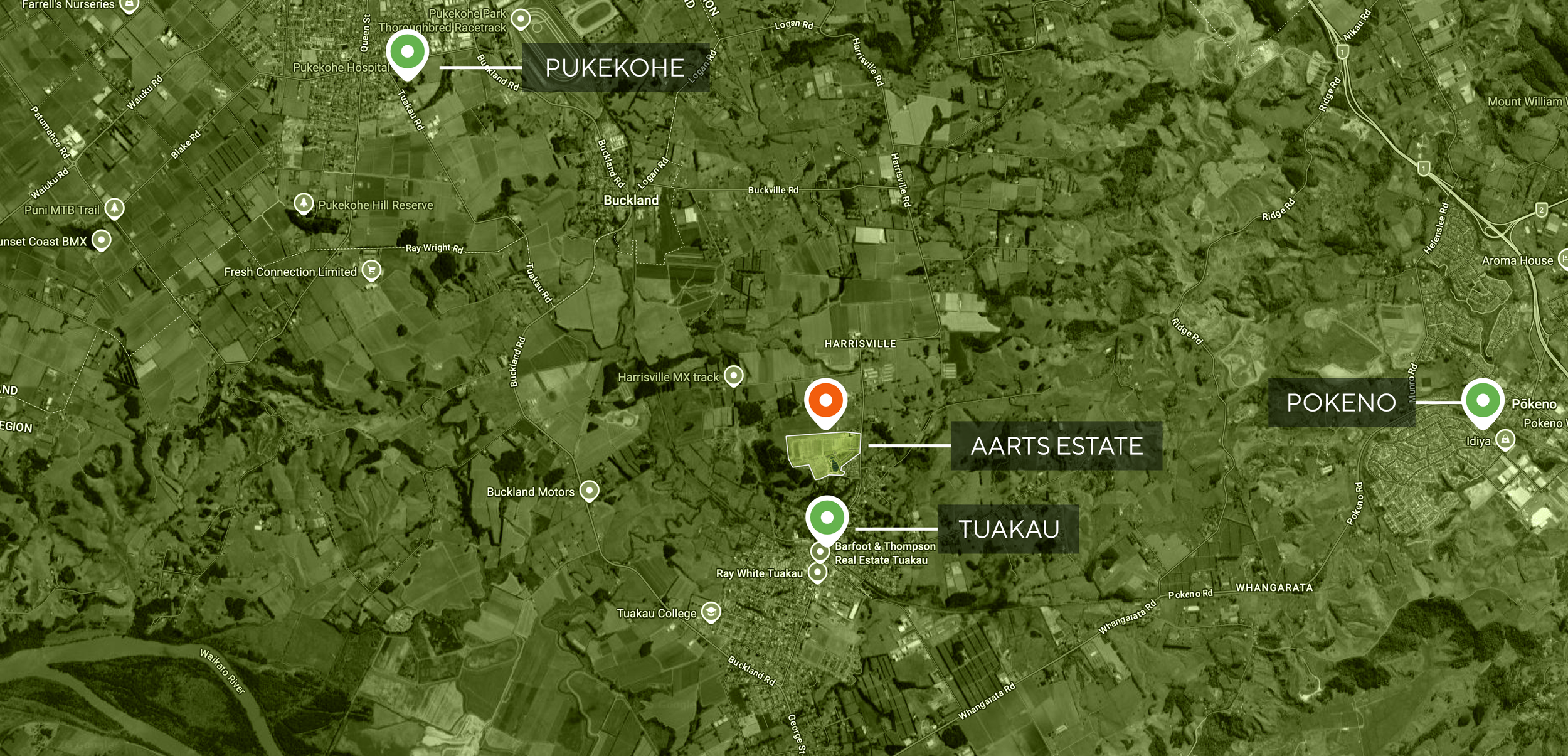 Map showing the locations of Pukekohe, Tuakau, and Pokeno in New Zealand with markers indicating nearby landmarks, roads, and recreational areas. The map highlights Aarts Estate near Tuakau.