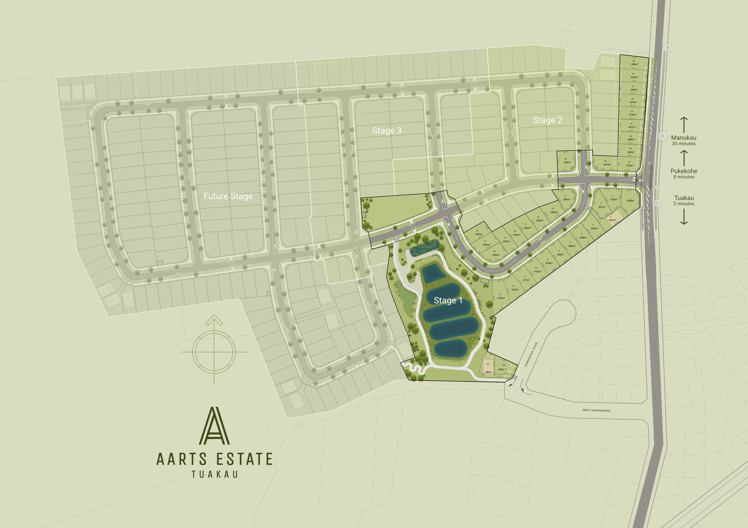 A detailed layout map of Aarts Estate in Tuakau, showing various stages of development, green spaces, water features, and estimated travel times between points.