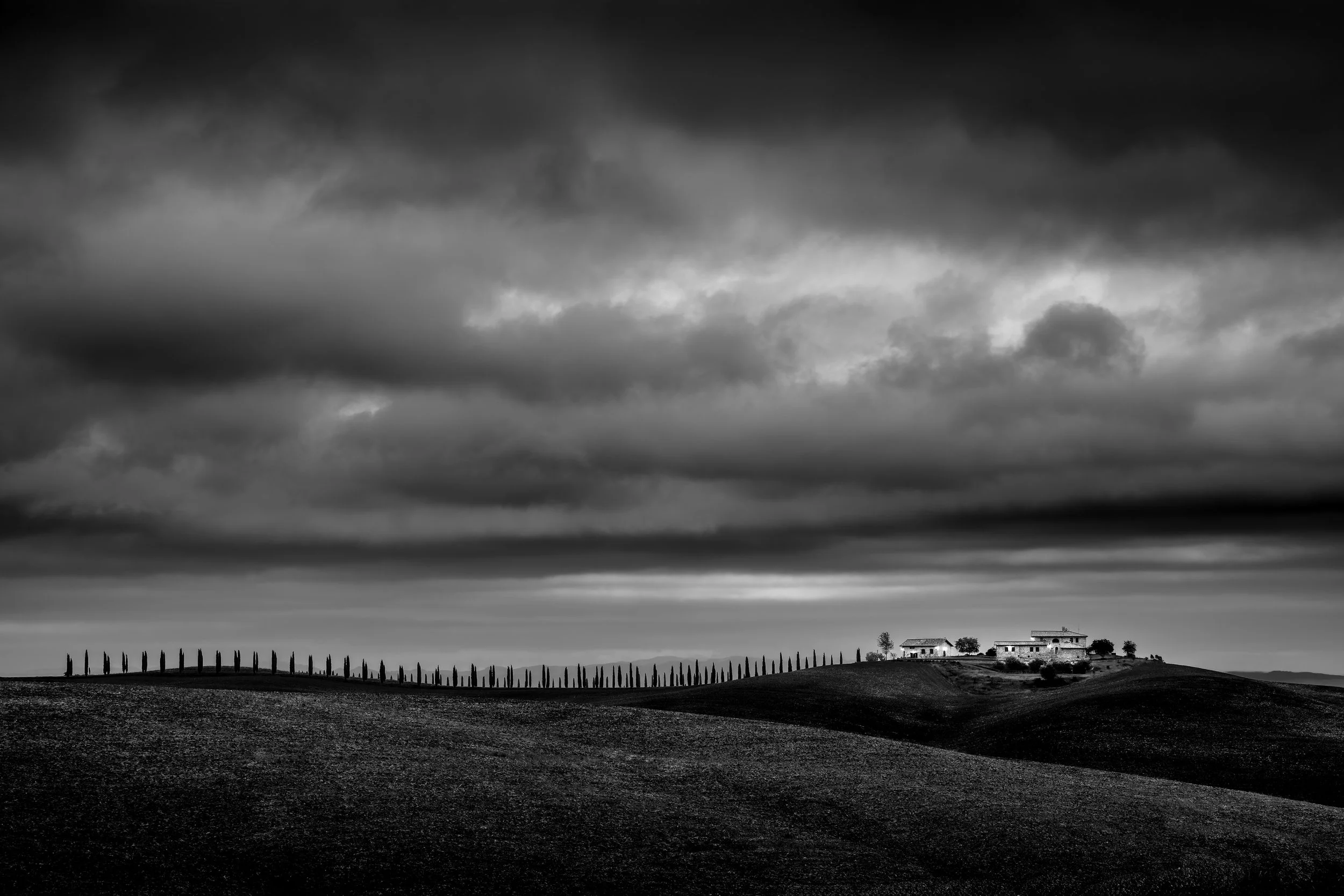 A black and white landscape featuring dark, dramatic clouds over a rural scene with a row of cypress trees and a farmhouse in the distance.