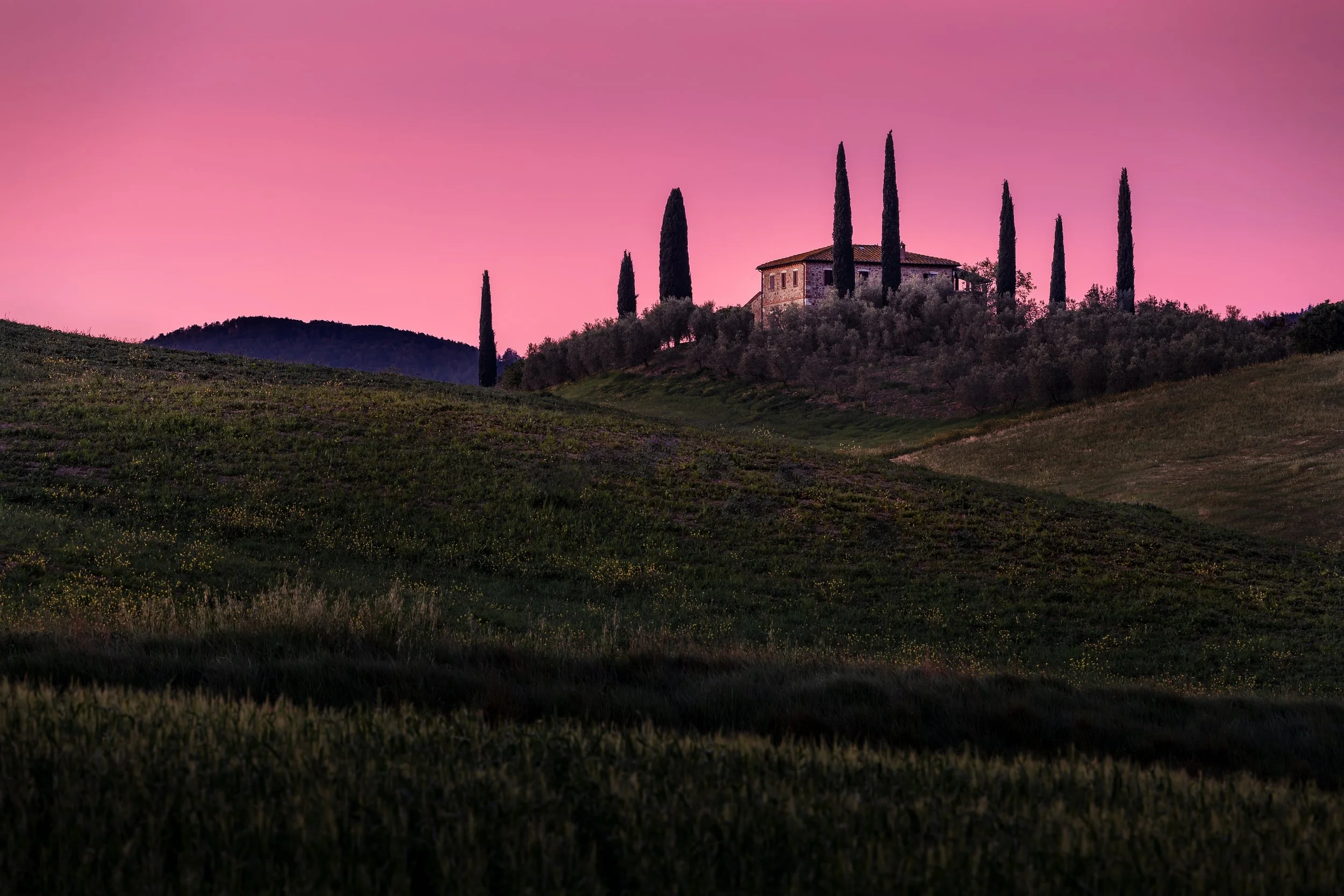 A stone house on a hill surrounded by tall cypress trees under a pink sky at sunset in Tuscany.