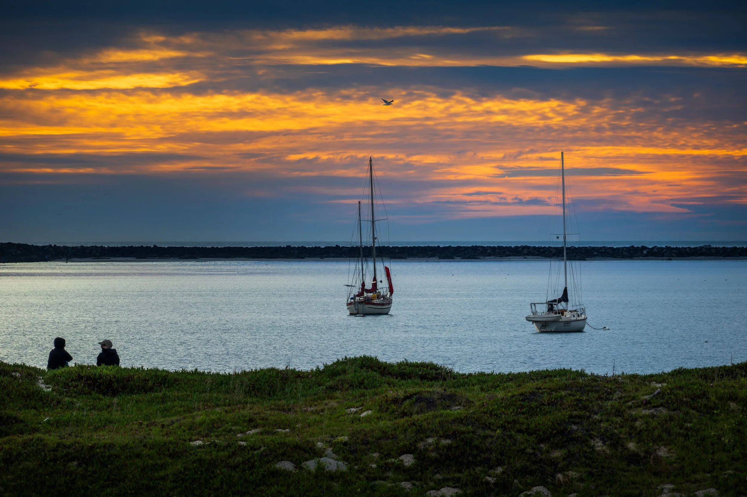 A peaceful harbor at sunset with boats on calm water, a rocky breakwater, and two people sitting on a grassy area in the foreground.