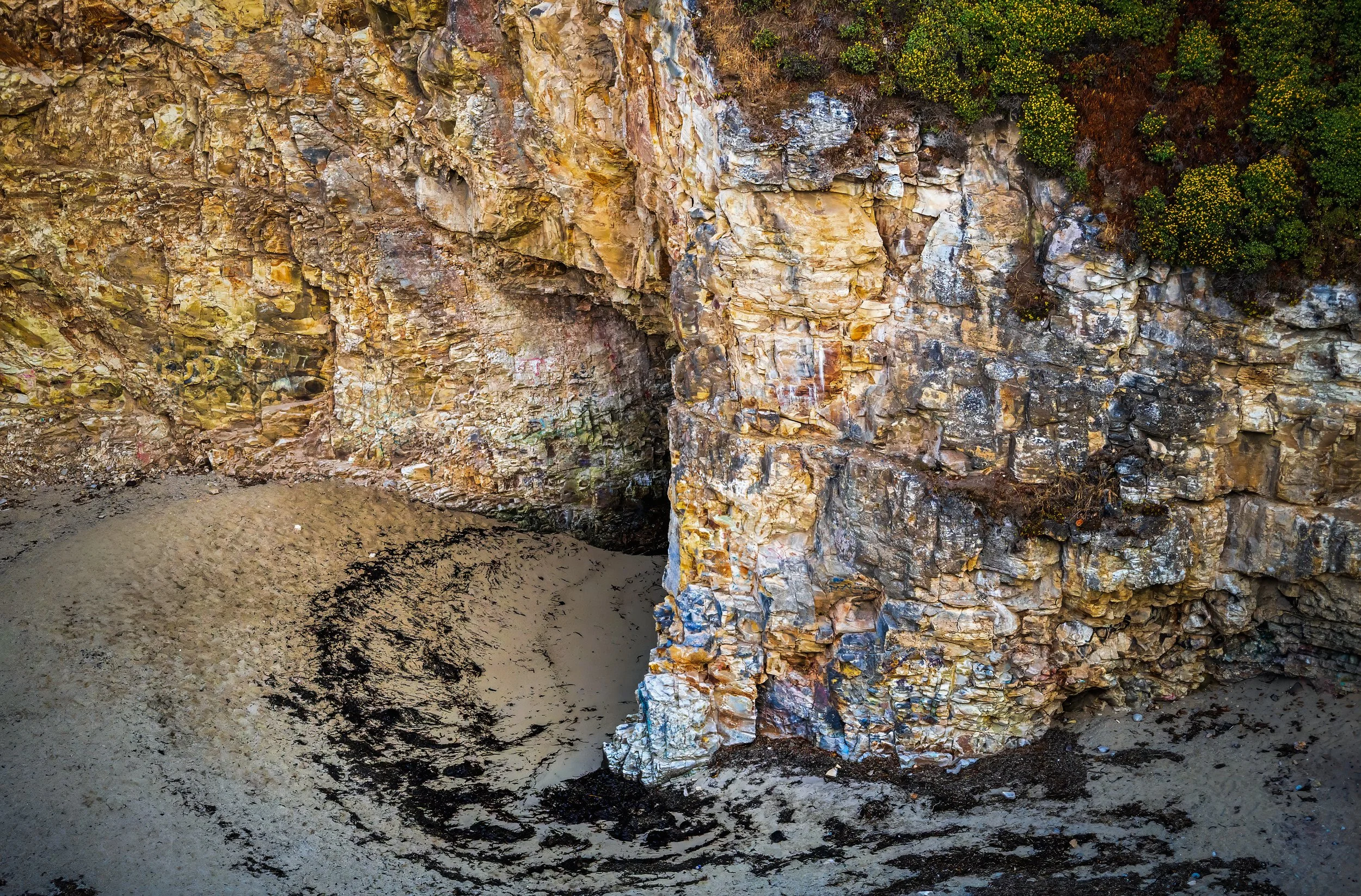 A rocky cliffside with yellow and orange hues, patches of green bushes, and a sandy area with dark seaweed or seaweed-like material on the ground.